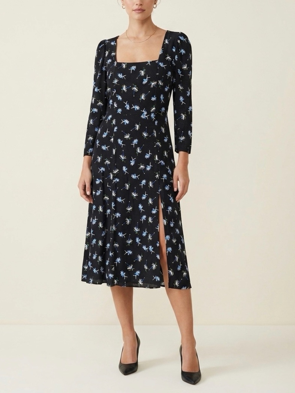 DIANE VON FURSTENBERG Freddie Print Square Neck Side Slit Midi Dress Black L